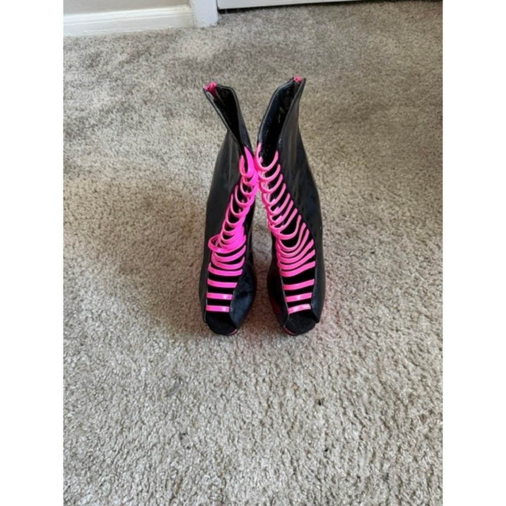 Neon Pink and Black Patent Platform Ankle Boots Open Toe Strappy Cage Heels